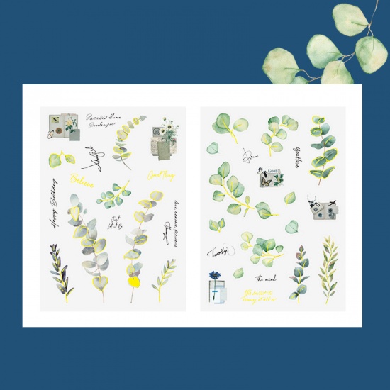 Picture of Green - 3# Leaf Flower Collection Series Gold Stamping PET DIY Scrapbook Stickers Decoration 10.5x14.8cm, 1 Set
