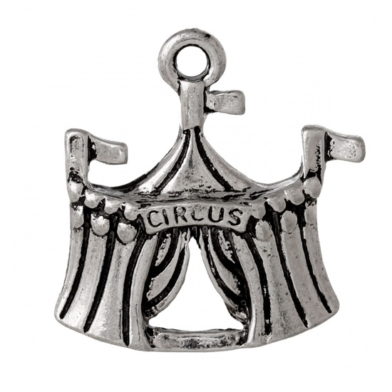 Picture of Zinc Metal Alloy Charms Circus Tent Antique Silver Message " CIRCUS " Carved 22mm( 7/8") x 21mm( 7/8"), 10 PCs