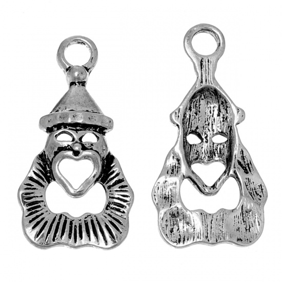 Picture of Zinc Metal Alloy Pendants Circus Human Antique Silver Heart Carved 30mm(1 1/8") x 15mm( 5/8"), 10 PCs