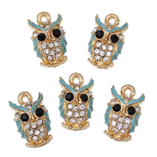 Picture of Zinc Metal Alloy Charms Halloween Owl Animal Gold Plated Black & Clear Rhinestone Blue Enamel 15mm( 5/8") x 9mm( 3/8"), 5 PCs