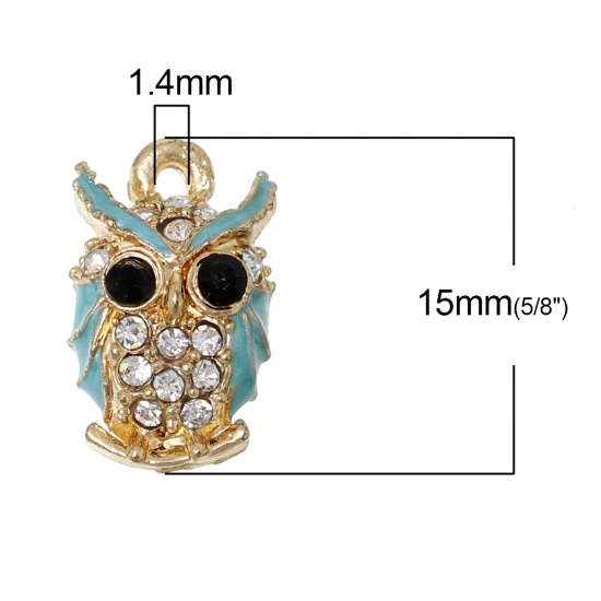 Picture of Zinc Metal Alloy Charms Halloween Owl Animal Gold Plated Black & Clear Rhinestone Blue Enamel 15mm( 5/8") x 9mm( 3/8"), 5 PCs
