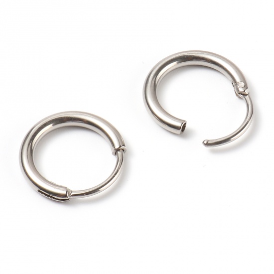 Picture of Stainless Steel Hoop Earrings Silver Tone Circle Ring 14mm Dia., Post/ Wire Size: (19 gauge), 1 Pair