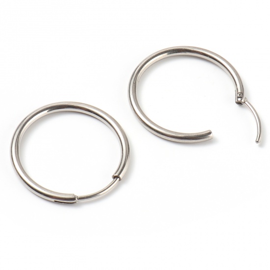 Picture of Stainless Steel Hoop Earrings Silver Tone Circle Ring 24mm Dia., Post/ Wire Size: (19 gauge), 1 Pair