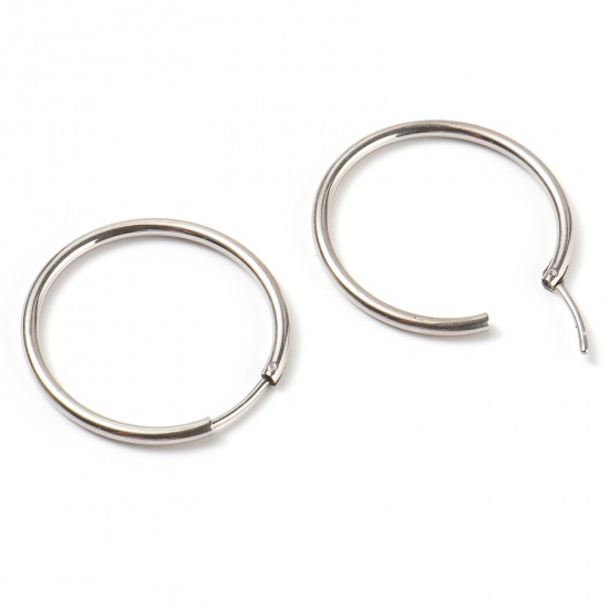 Picture of Stainless Steel Hoop Earrings Silver Tone Circle Ring 28mm Dia., Post/ Wire Size: (19 gauge), 1 Pair