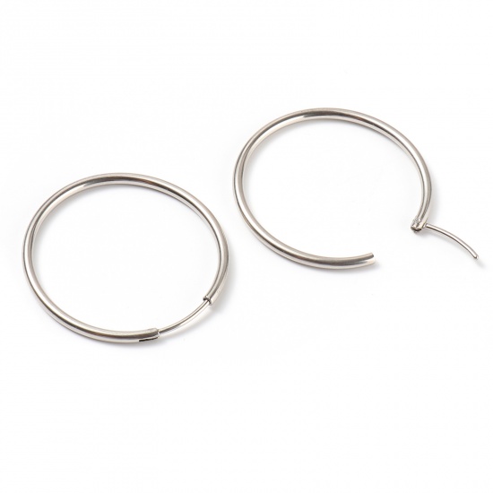 Picture of Stainless Steel Hoop Earrings Silver Tone Circle Ring 3.4cm Dia., Post/ Wire Size: (19 gauge), 1 P=air