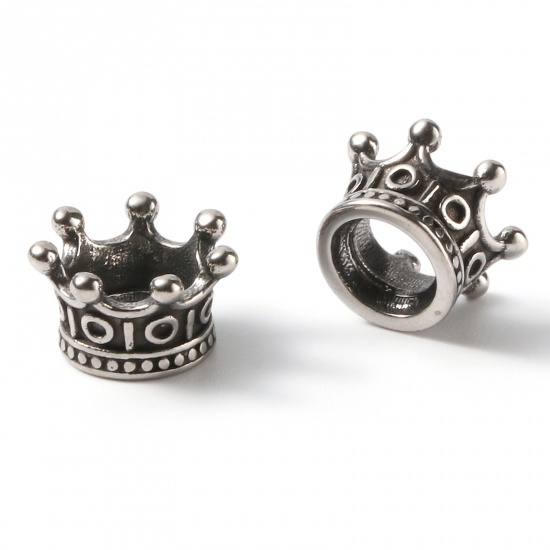Bild von 1 Stück Umweltfreundliche PVD-Vakuumbeschichtung Edelstahl Charm-Perlen mit großem Loch im europäischen Stil Metallschwarz Kaiserkrone 11mm x 6mm, Loch: ca. 4.9mm