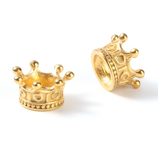Bild von 1 Stück Umweltfreundliche PVD-Vakuumbeschichtung Edelstahl Charm-Perlen mit großem Loch im europäischen Stil Vergoldet Kaiserkrone 11mm x 6mm, Loch: ca. 4.9mm
