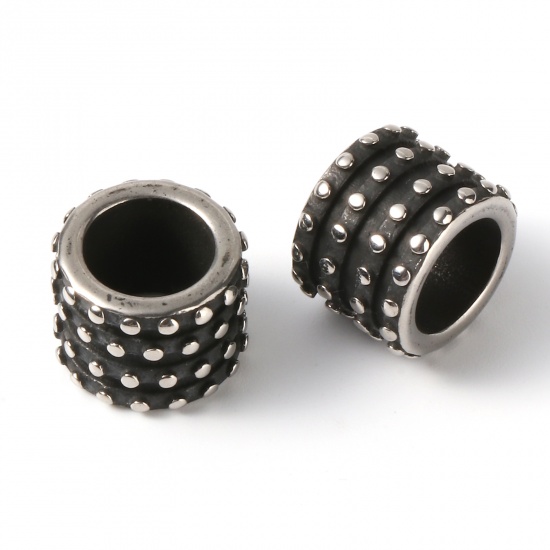 Picture of 2 PCs Eco-friendly PVD Vacuum Plating Stainless Steel Beads For DIY Jewelry Making Gunmetal Cylinder Dot 12mm x 9mm, Hole: Approx 8mm