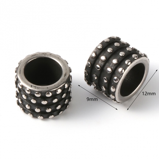 Picture of 2 PCs Eco-friendly PVD Vacuum Plating Stainless Steel Beads For DIY Jewelry Making Gunmetal Cylinder Dot 12mm x 9mm, Hole: Approx 8mm
