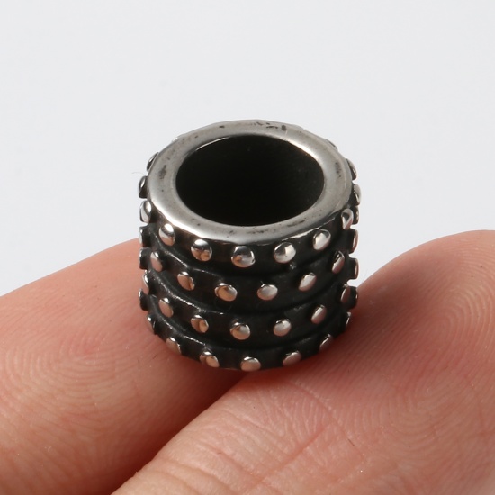 Picture of 2 PCs Eco-friendly PVD Vacuum Plating Stainless Steel Beads For DIY Jewelry Making Gunmetal Cylinder Dot 12mm x 9mm, Hole: Approx 8mm