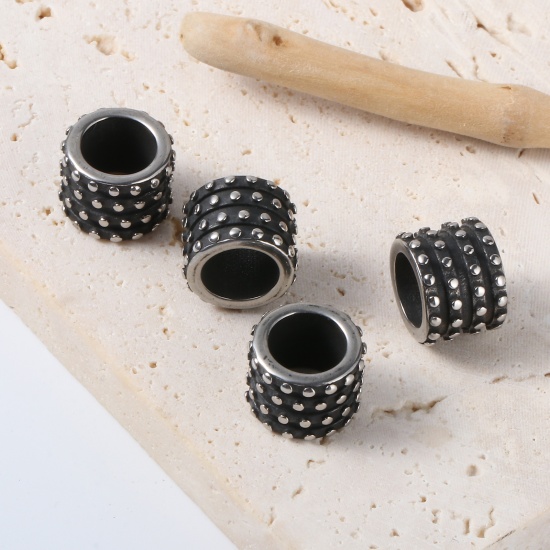 Picture of 2 PCs Eco-friendly PVD Vacuum Plating Stainless Steel Beads For DIY Jewelry Making Gunmetal Cylinder Dot 12mm x 9mm, Hole: Approx 8mm