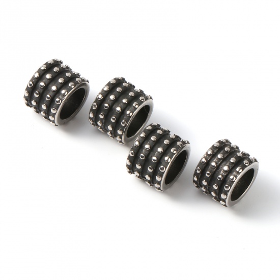 Picture of 2 PCs Eco-friendly PVD Vacuum Plating Stainless Steel Beads For DIY Jewelry Making Gunmetal Cylinder Dot 12mm x 9mm, Hole: Approx 8mm