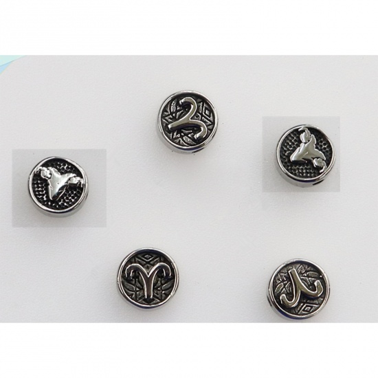 Bild von 2 Stück Umweltfreundliche PVD-Vakuumbeschichtung Edelstahl Perlen zur DIY-Schmuckherstellung Metallschwarz Flachrund Sternbild Widder ca. 10mm D., Loch: ca. 1.8mm