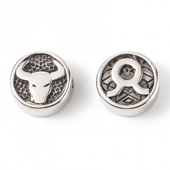 Bild von 2 Stück Umweltfreundliche PVD-Vakuumbeschichtung Edelstahl Perlen zur DIY-Schmuckherstellung Metallschwarz Flachrund Sternbild Stier ca. 10mm D., Loch: ca. 1.8mm