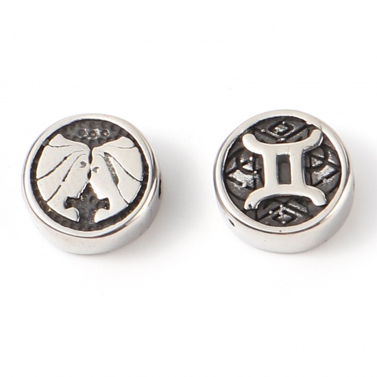 Bild von 2 Stück Umweltfreundliche PVD-Vakuumbeschichtung Edelstahl Perlen zur DIY-Schmuckherstellung Metallschwarz Flachrund Sternbild Zwillinge ca. 10mm D., Loch: ca. 1.8mm