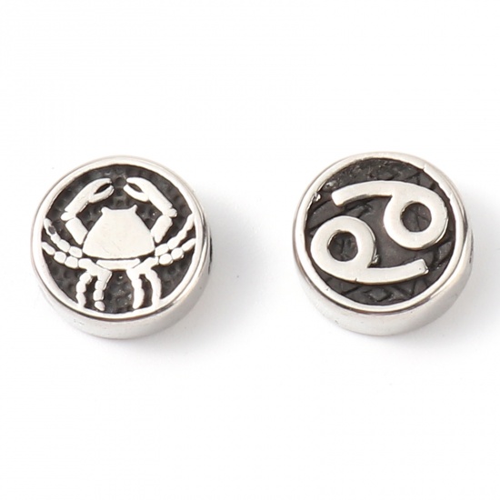 Bild von 2 Stück Umweltfreundliche PVD-Vakuumbeschichtung Edelstahl Perlen zur DIY-Schmuckherstellung Metallschwarz Flachrund Sternbild Krebs ca. 10mm D., Loch: ca. 1.8mm