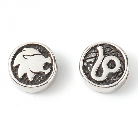 Bild von 2 Stück Umweltfreundliche PVD-Vakuumbeschichtung Edelstahl Perlen zur DIY-Schmuckherstellung Metallschwarz Flachrund Sternbild Löwe ca. 10mm D., Loch: ca. 1.8mm