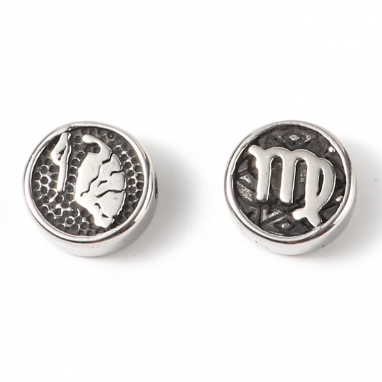 Bild von 2 Stück Umweltfreundliche PVD-Vakuumbeschichtung Edelstahl Perlen zur DIY-Schmuckherstellung Metallschwarz Flachrund Sternbild Jungfrau ca. 10mm D., Loch: ca. 1.8mm