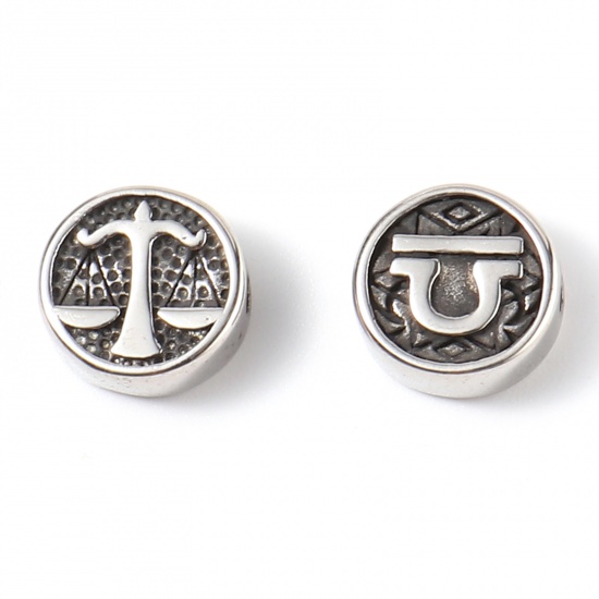 Picture of Stainless Steel Beads Round Gunmetal Libra Sign Of Zodiac Constellations 10mm Dia., Hole: Approx 1.8mm, 2 PCs