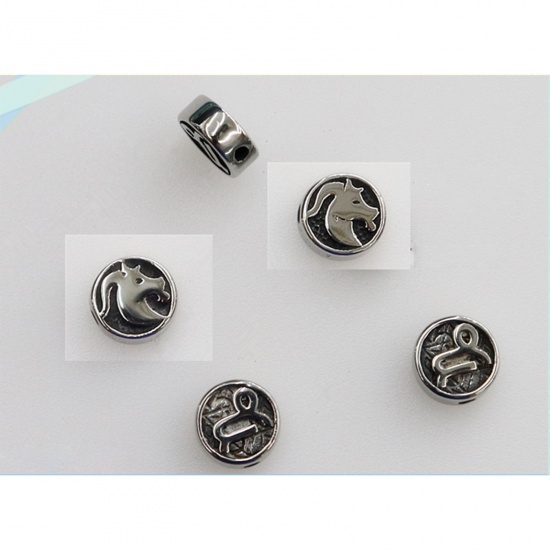Bild von 2 Stück Umweltfreundliche PVD-Vakuumbeschichtung Edelstahl Perlen zur DIY-Schmuckherstellung Metallschwarz Flachrund Sternbild Steinbock ca. 10mm D., Loch: ca. 1.8mm
