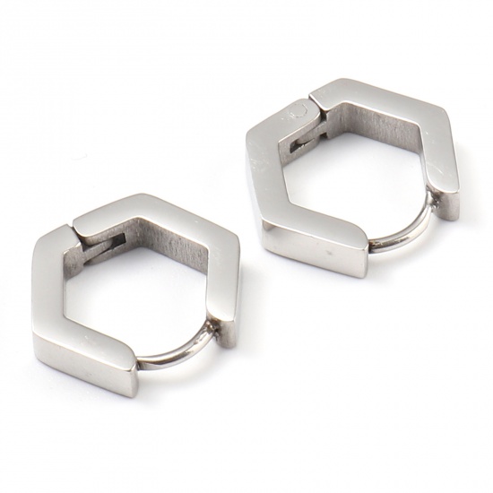 Picture of Stainless Steel Hoop Earrings Silver Tone Hexagon 14mm x 12mm, Post/ Wire Size: (19 gauge), 1 Pair