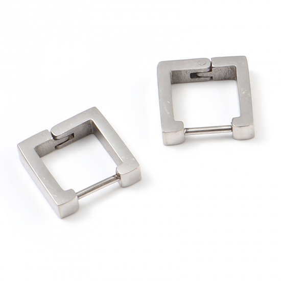 Picture of Stainless Steel Hoop Earrings Silver Tone Square 12mm x 12mm, Post/ Wire Size: (19 gauge), 1 Pair