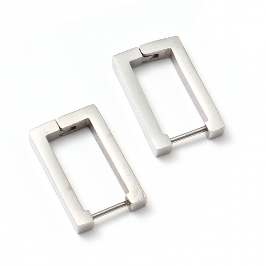 Picture of Stainless Steel Hoop Earrings Silver Tone Rectangle 20mm x 13mm, Post/ Wire Size: (19 gauge), 1 Pair