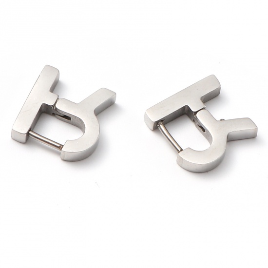 Picture of Stainless Steel Hoop Earrings Silver Tone Capital Alphabet/ Letter Message " R " 13mm x 12mm, Post/ Wire Size: (19 gauge), 1 Pair