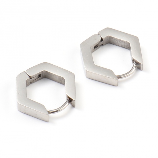 Picture of Stainless Steel Hoop Earrings Silver Tone Hexagon 15mm x 14mm, Post/ Wire Size: (19 gauge), 1 Pair
