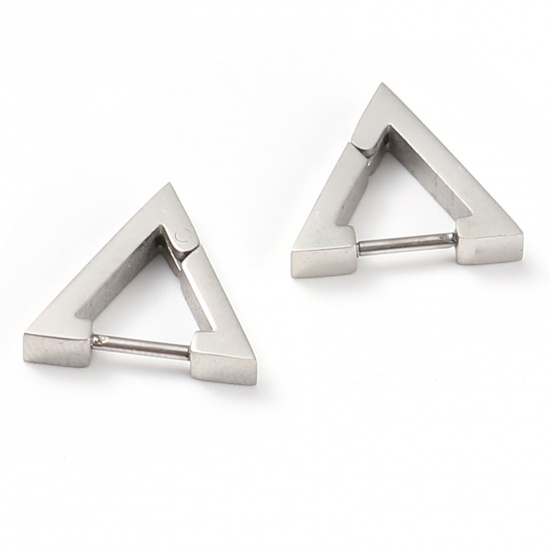 Picture of Stainless Steel Hoop Earrings Silver Tone Triangle 14mm x 13mm, Post/ Wire Size: (19 gauge), 1 Pair