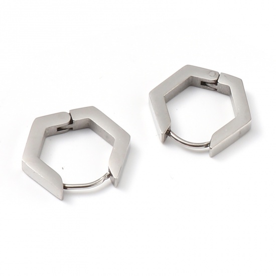 Picture of Stainless Steel Hoop Earrings Silver Tone Hexagon 18mm x 16mm, Post/ Wire Size: (19 gauge), 1 Pair