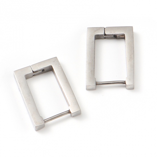 Picture of Stainless Steel Hoop Earrings Silver Tone Rectangle 17mm x 12mm, Post/ Wire Size: (19 gauge), 1 Pair