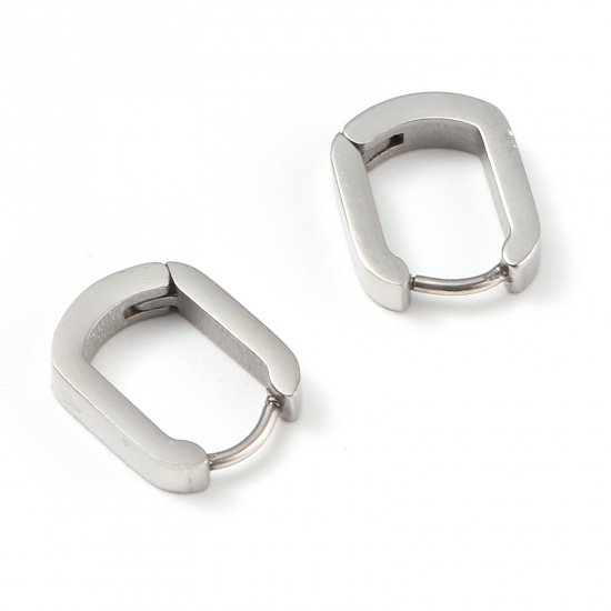 Picture of Stainless Steel Hoop Earrings Silver Tone Oval 14mm x 11mm, Post/ Wire Size: (19 gauge), 1 Pair