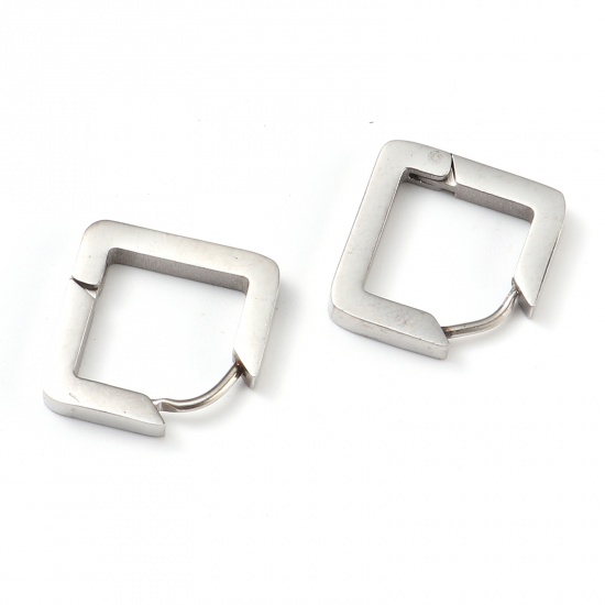 Picture of Stainless Steel Hoop Earrings Silver Tone Square 15mm x 15mm, Post/ Wire Size: (19 gauge), 1 Pair