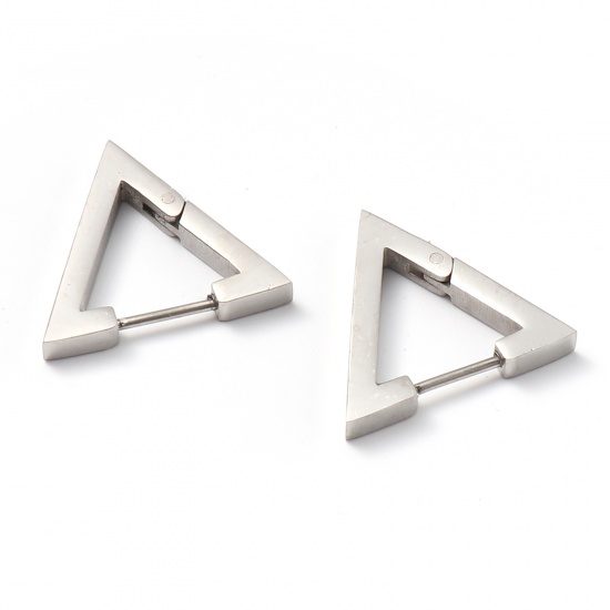 Picture of Stainless Steel Hoop Earrings Silver Tone Triangle 20mm x 18mm, Post/ Wire Size: (19 gauge), 1 Pair