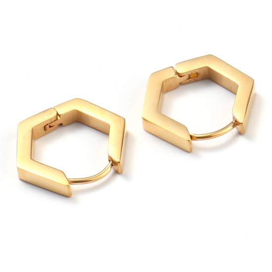 Picture of Stainless Steel Hoop Earrings Gold Plated Hexagon 18mm x 16mm, Post/ Wire Size: (19 gauge), 1 Pair