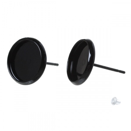 Brass Ear Post Stud Earrings Cabochon Settings Round Black Painting (Fits 10mm Dia) 14mm( 4/8") x 12mm( 4/8"), Post/ Wire Size: (21 gauge), 30 PCs