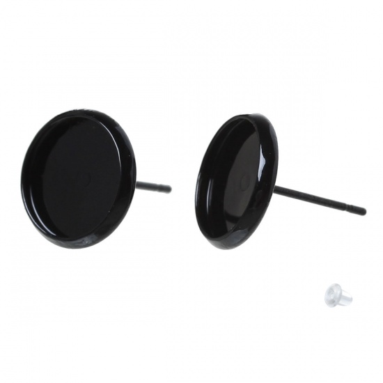 Picture of Brass Ear Post Stud Earrings Cabochon Settings Round Black Painting (Fits 10mm Dia) 14mm( 4/8") x 12mm( 4/8"), Post/ Wire Size: (21 gauge), 30 PCs                                                                                                            