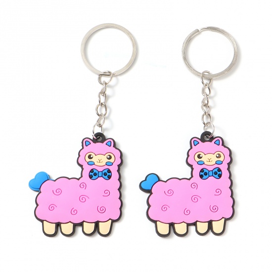 Picture of PVC Keychain & Keyring Pink Alpaca Animal Heart 10cm x 4cm, 10 PCs