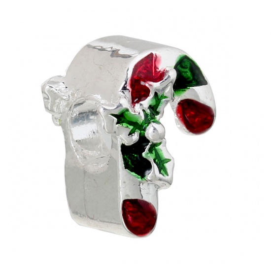 Picture of Zinc Metal Alloy European Style Large Hole Charm Beads Christmas Candy Cane Silver Plated Holly Leaf Pattern Red & Green Enamel About 13mm( 4/8") x 10mm( 3/8"), Hole: Approx 4.7mm, 5 PCs