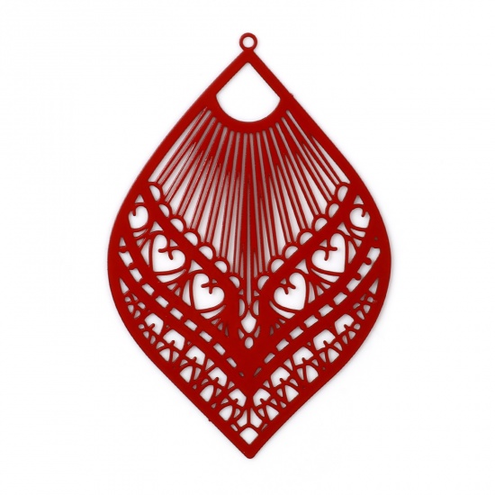 Picture of Iron Based Alloy Filigree Stamping Pendants Leaf Red Filigree Painted 5.9cm x 3.9cm, 10 PCs