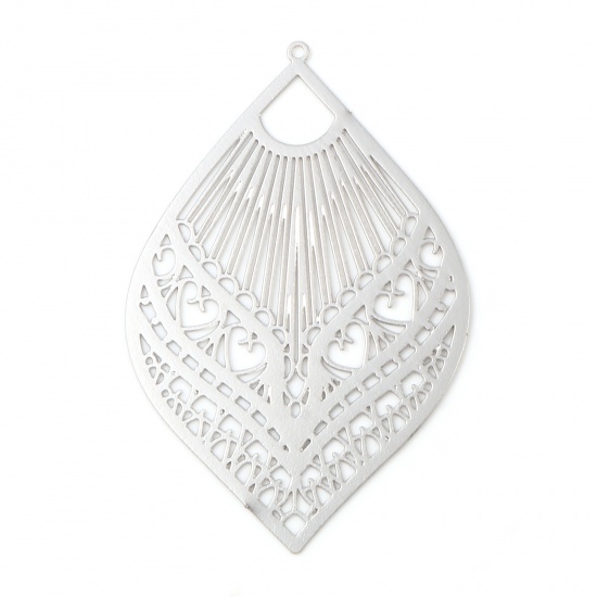 Picture of Iron Based Alloy Filigree Stamping Pendants Leaf Silver Tone Filigree 5.9cm x 3.9cm, 10 PCs