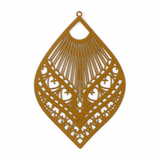 Picture of Iron Based Alloy Filigree Stamping Pendants Leaf Brown Yellow Filigree Painted 5.9cm x 3.9cm, 10 PCs