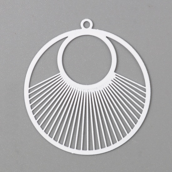 Picture of Iron Based Alloy Filigree Stamping Pendants Round White Stripe Painted 4.3cm x 4cm, 10 PCs