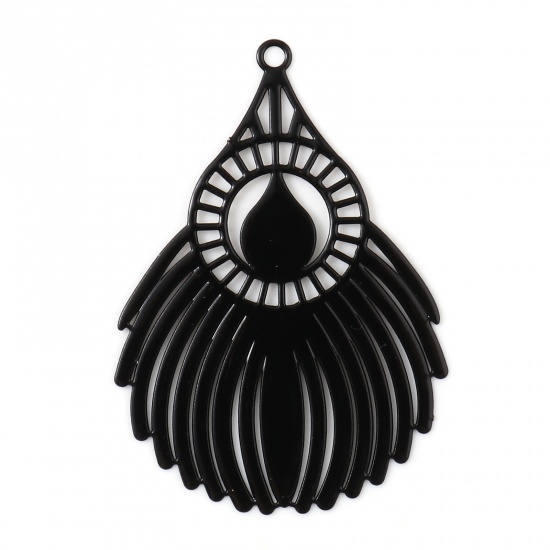 Picture of Iron Based Alloy Filigree Stamping Pendants Fan-shaped Black Painted 4.5cm x 3.1cm, 10 PCs