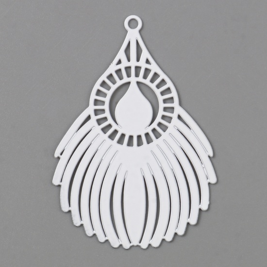 Picture of Iron Based Alloy Filigree Stamping Pendants Fan-shaped White Painted 4.5cm x 3.1cm, 10 PCs