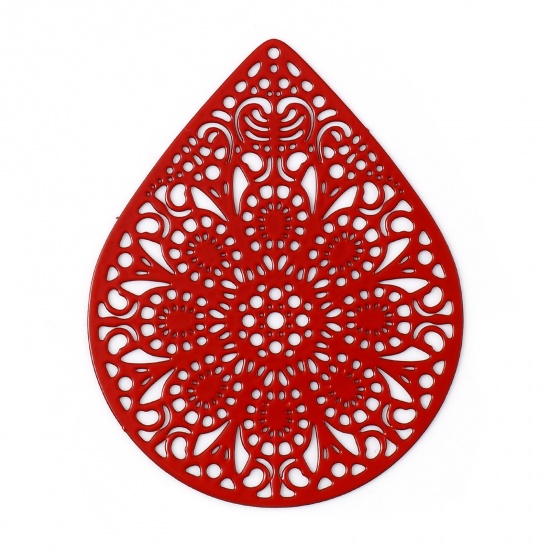 Bild von Eisenlegierung Filigran Stempel Verzierung Anhänger Tropfen Rot Blumen Spritzlackierung 4.9cm x 3.9cm, 10 Stück