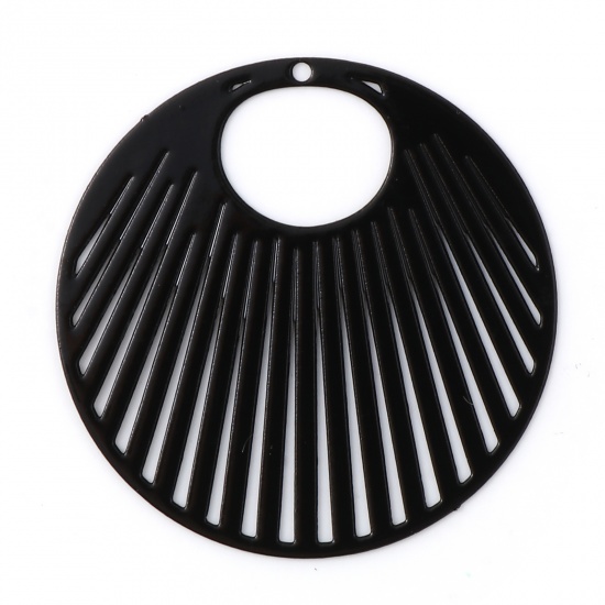 Picture of Iron Based Alloy Filigree Stamping Pendants Round Black Stripe Painted 3.1cm Dia., 10 PCs
