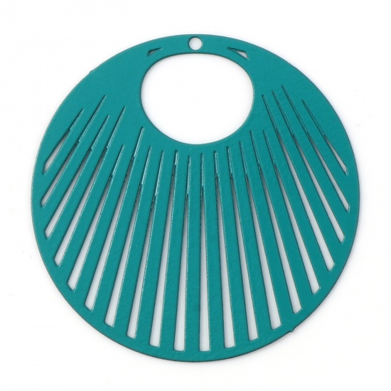 Picture of Iron Based Alloy Filigree Stamping Pendants Round Green Stripe Painted 3.1cm Dia., 10 PCs