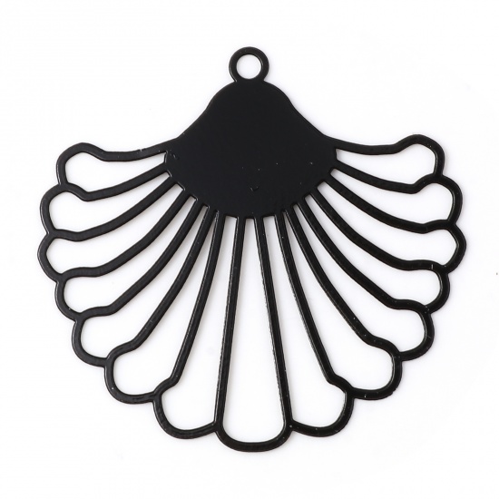 Picture of Iron Based Alloy Filigree Stamping Pendants Fan-shaped Black Painted 3.9cm x 3.7cm, 10 PCs